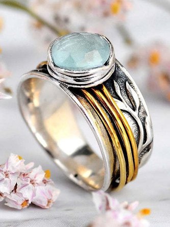 Vintage Two Tone Metal Ring with Green Crystal Boho Ethnic Jewelry