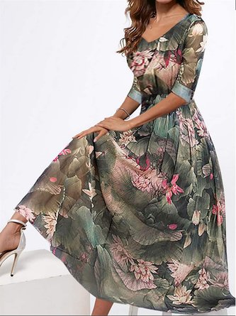 Floral Crew Neck Regular Fit Elegant Dress