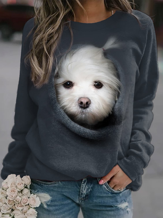 Dog Animal Regular Fit Cotton-Blend Casual Crew Neck Top