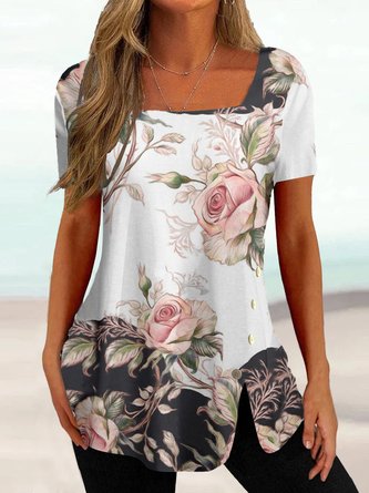 Casual Regular Fit Square Neck Floral T-Shirt