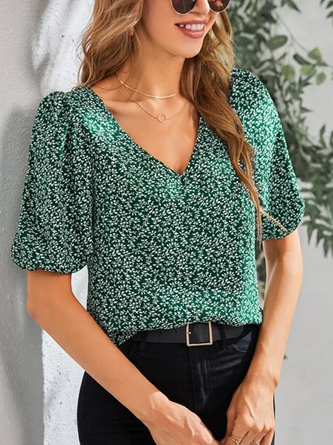 Floral Casual V Neck Loose Top