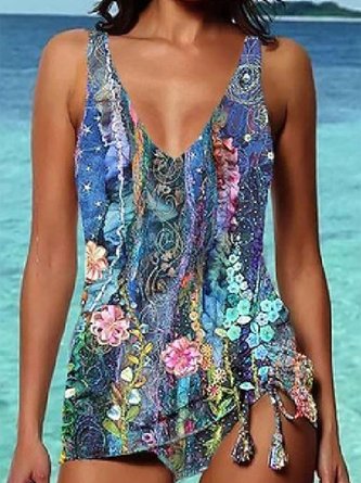 Casual Floral Printing  V Neck Tankini
