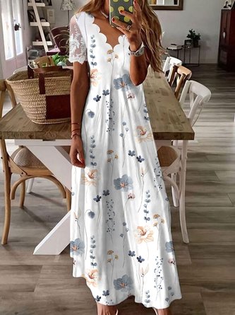 V Neck Floral Casual Lace Dress