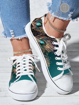 Casual Peacock Feather Print Ombre Raw Hem Lace-Up Canvas Shoes