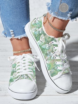 Green Butterfly Plants Print Raw Hem Lace-Up Canvas Shoes