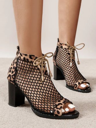Leopard Breathable Mesh Peep Toe Chunky Heel Sandals Boots