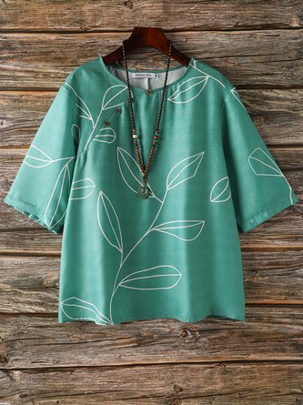 Cotton And Linen Leaf Print Loose Sleeve Blouse