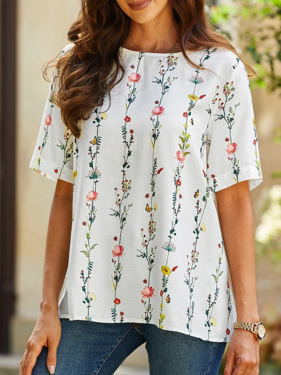 Floral Crew Neck Casual Shirts & Blouses