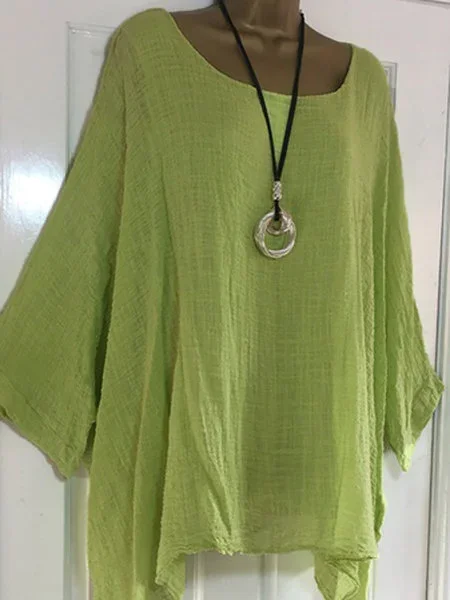 Batwing Sleeve Linen Solid Crew Neck Loose Long Sleeve Top