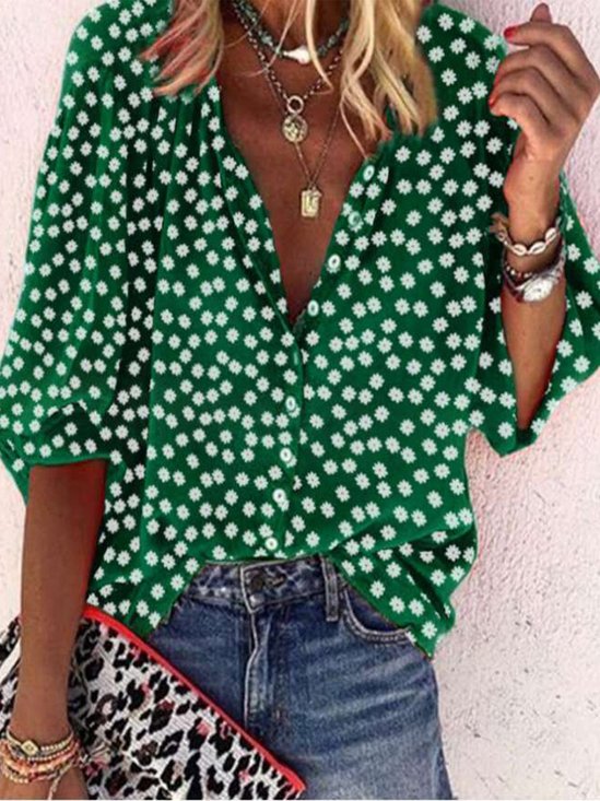 Casual Geometric Loose Half Sleeve Cotton-Blend Shirt & Blouses