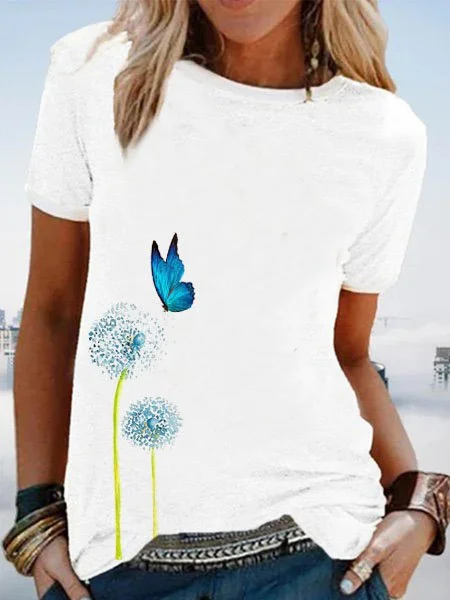 Graphic Cotton-Blend Crew Neck Casual Printed  Top