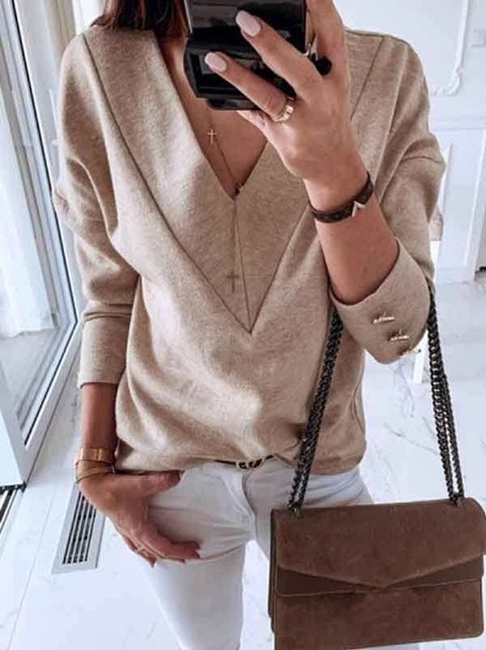 Casual Loose V Neck Long Sleeve Top