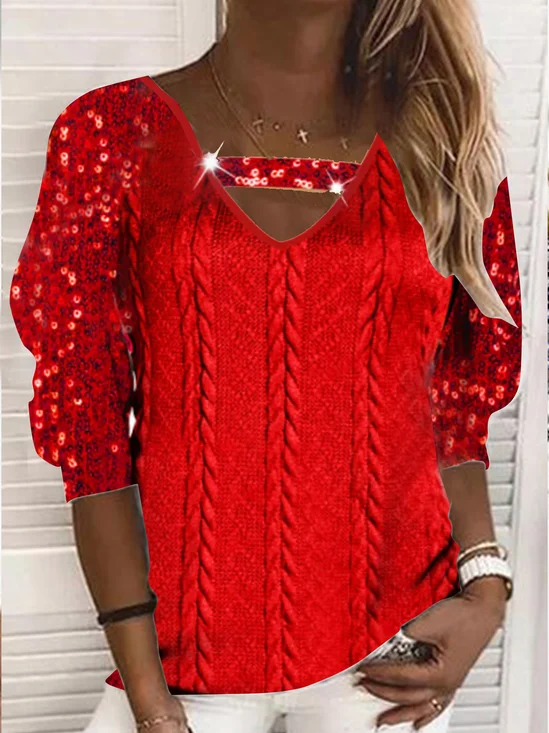 V Neck Glitter Party Loose Long Sleeve Tops