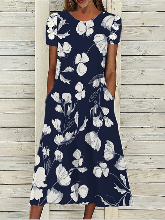 Floral Loose Crew Neck Vacation Dress