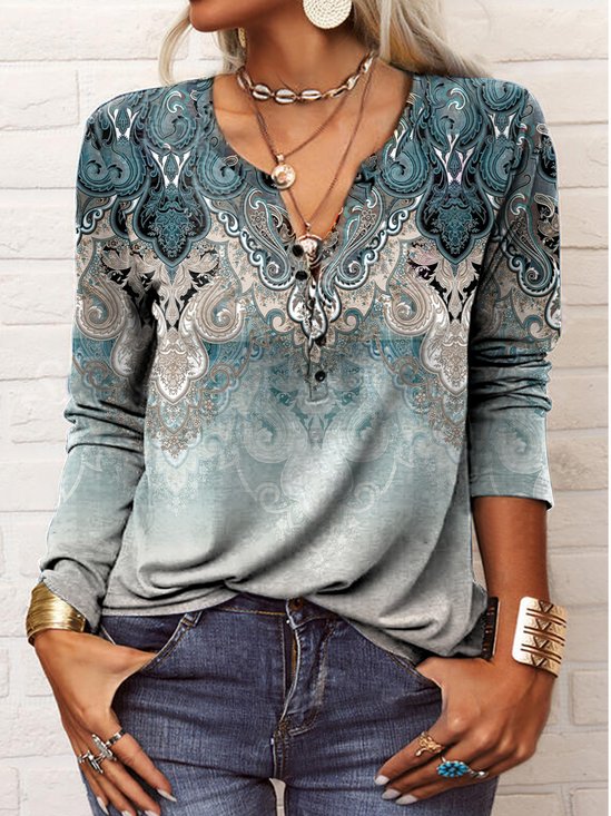Regular Fit Half Open Collar Ethnic Boho Top