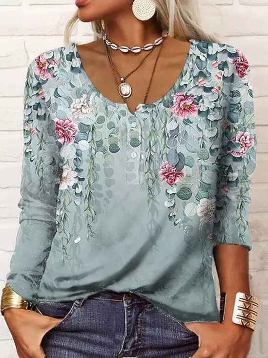 Casual Floral Autumn Daily Regular Fit Long sleeve Cotton-Blend Regular H-Line Top for Women
