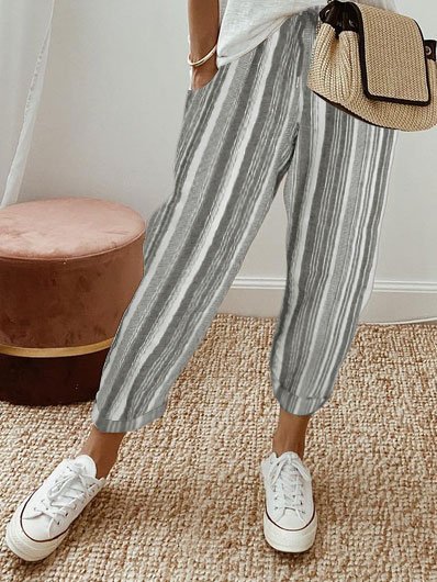 Country Casual Cotton And Linen Striped Loose Pants