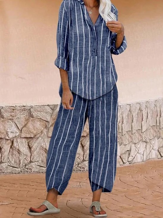 Loose Striped Casual V Neck Two-Piece Set