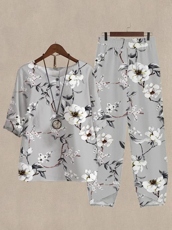 Casual Floral Crew Neck Loose Two-Piece Set