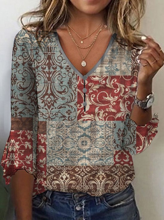 Casual Ethnic V Neck Loose T-Shirt