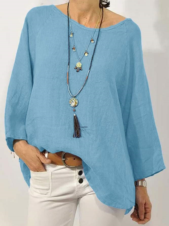 Loose Crew Neck Cotton Shirt & Blouses