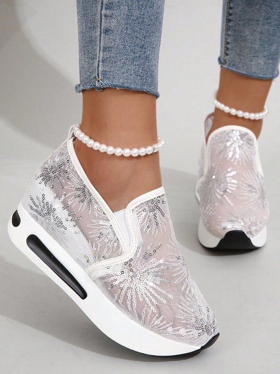 Women Sequin Flower Decor Breathable Slip On Wedge Sneakers