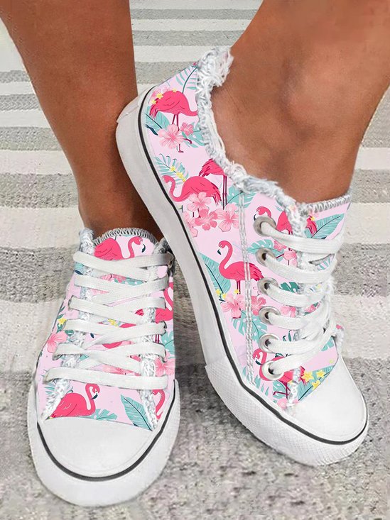 Pink Flamingo Floral Printed Raw Hem Casual Canvas Shoes