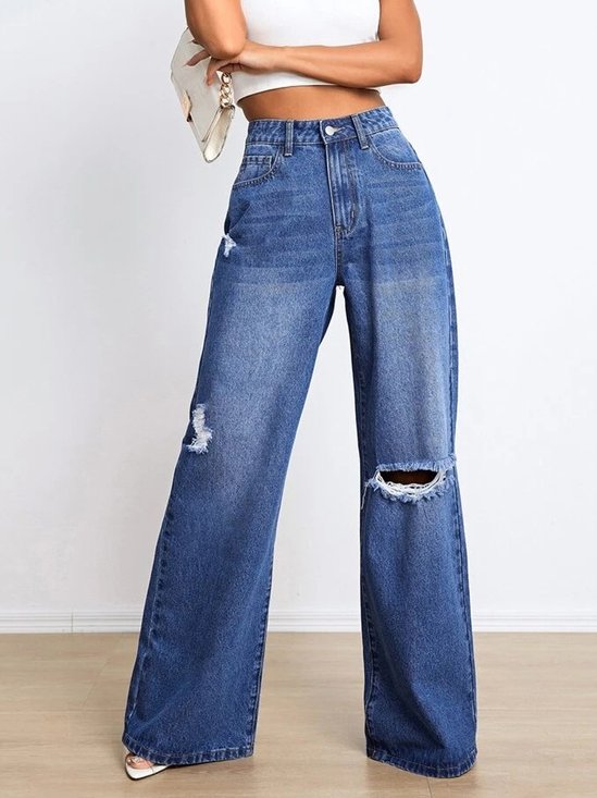 Women Urban Casual Wide Leg Denim Distressed Ripped Jeans Fashion Clothing