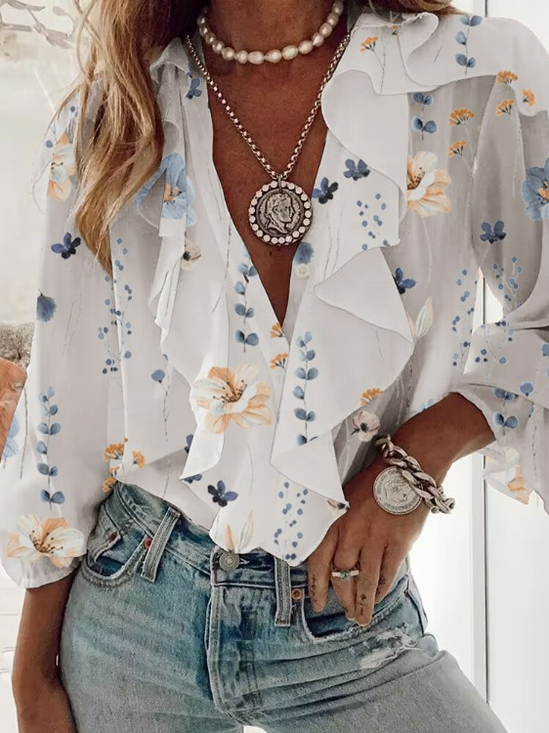 Casual Loose Floral V Neck Blouse