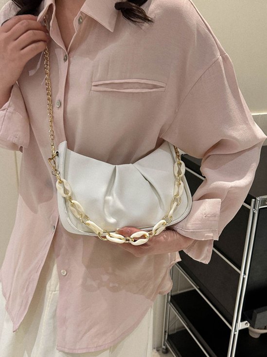 Leather Ruffles Pearl Chain Cloud Bag