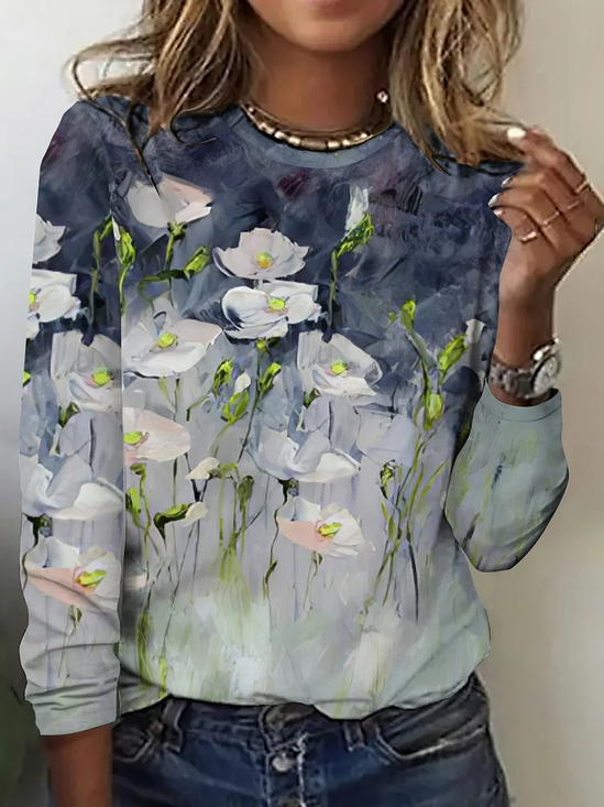 Floral Loose Crew Neck Casual T-Shirt