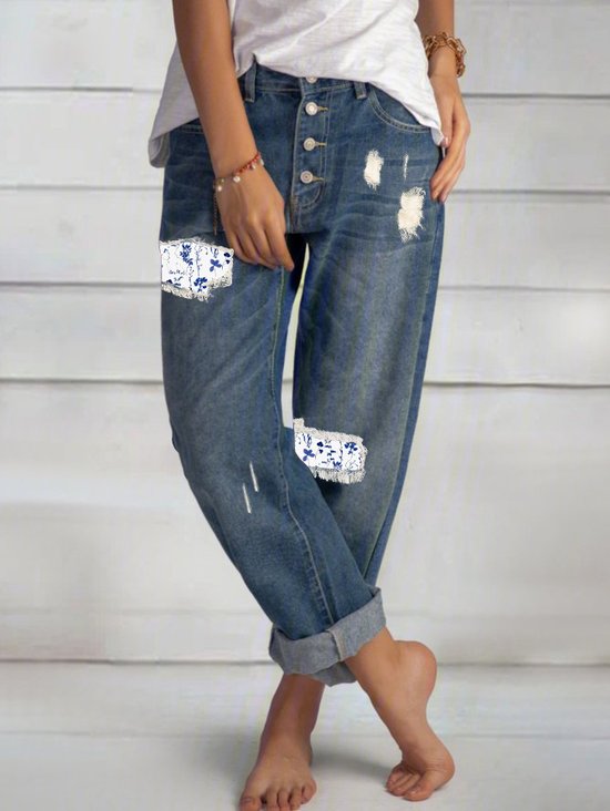Denim Loose Floral Casual Jeans