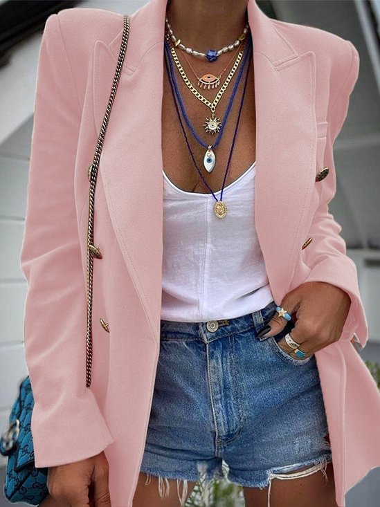 Casual Plain Slim Button Lightweight Suit Jacket Urban Daily Barbie Pink