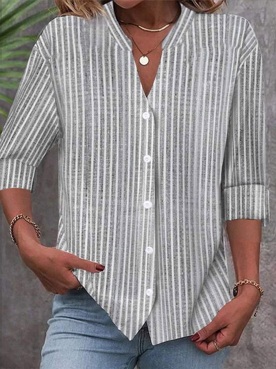 Loose Stand Collar Striped Casual Shirt