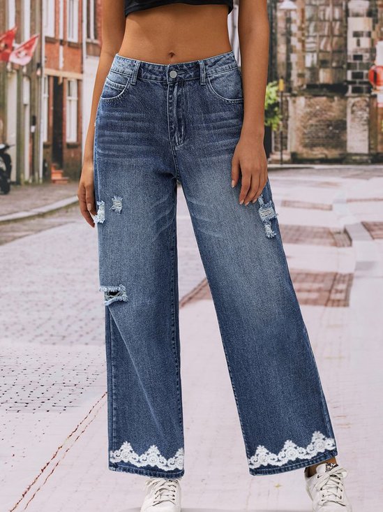 Loose Floral Denim Casual Jeans