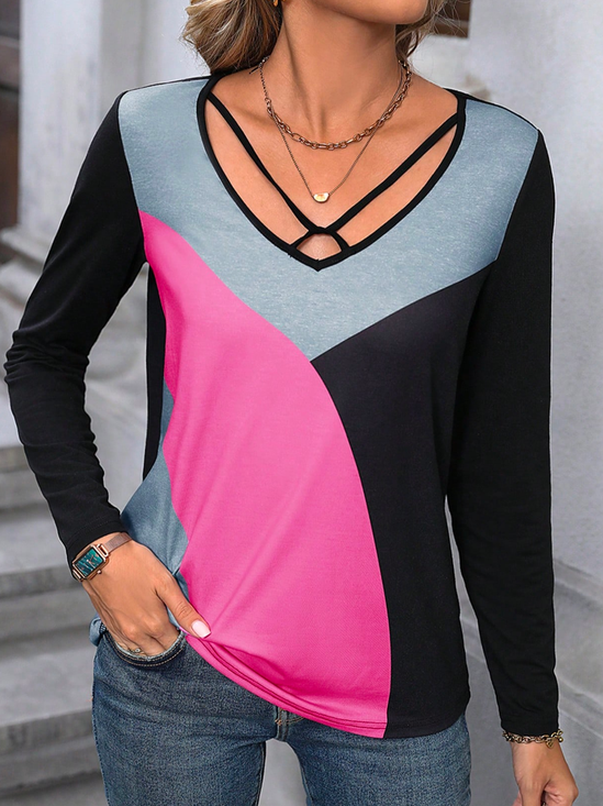 V Neck Loose Color Block Casual T-Shirt