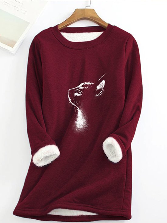 Crew Neck Casual Cat Fleece Sweatshirt