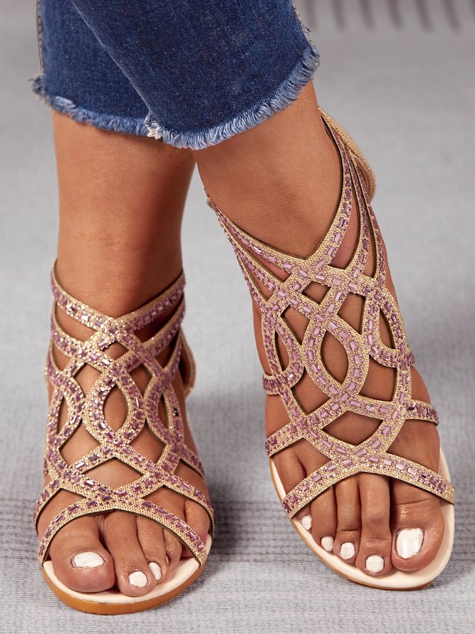 Cut-Out Rhinestone Glett Dress Sandals with Back Zip