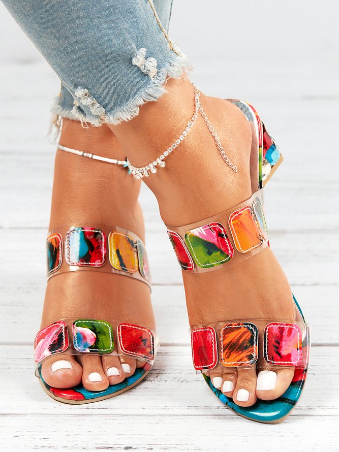 Colorful PVC Double Straps Rhinestone Chunky Heeled Sandals