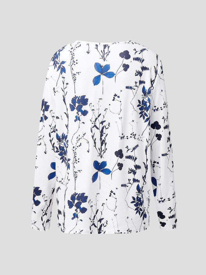 Women Casual Floral Autumn V neck Daily Long sleeve Regular Medium Elasticity Regular Size T-shirt