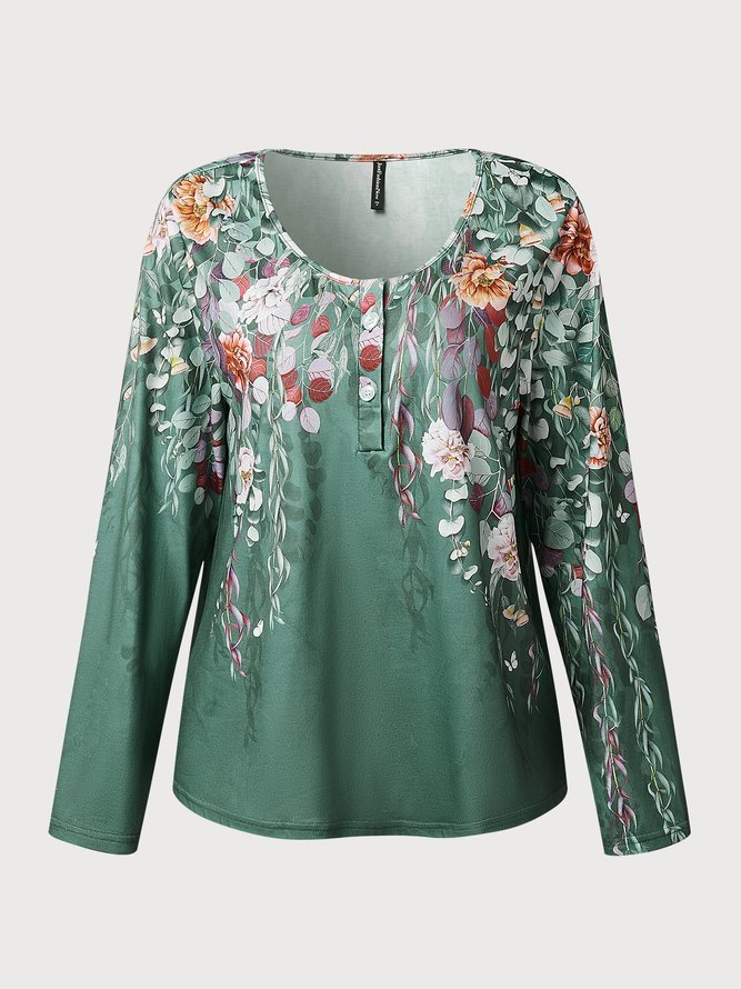 Casual Floral Autumn Daily Regular Fit Long sleeve Cotton-Blend Regular H-Line Top for Women