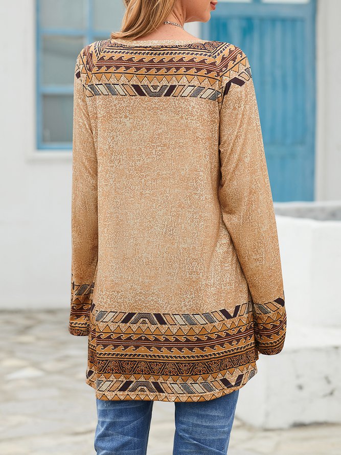 Cotton-Blend Casual Loose Geometric Long Sleeve Top