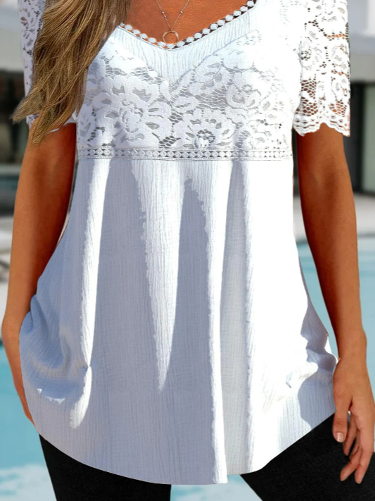 Square Neck Lace Plain Casual Shirt & Blouses
