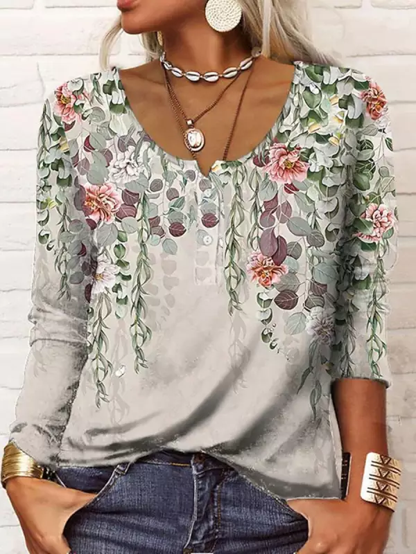 Casual Floral Autumn Daily Regular Fit Long sleeve Cotton-Blend Regular H-Line Top for Women