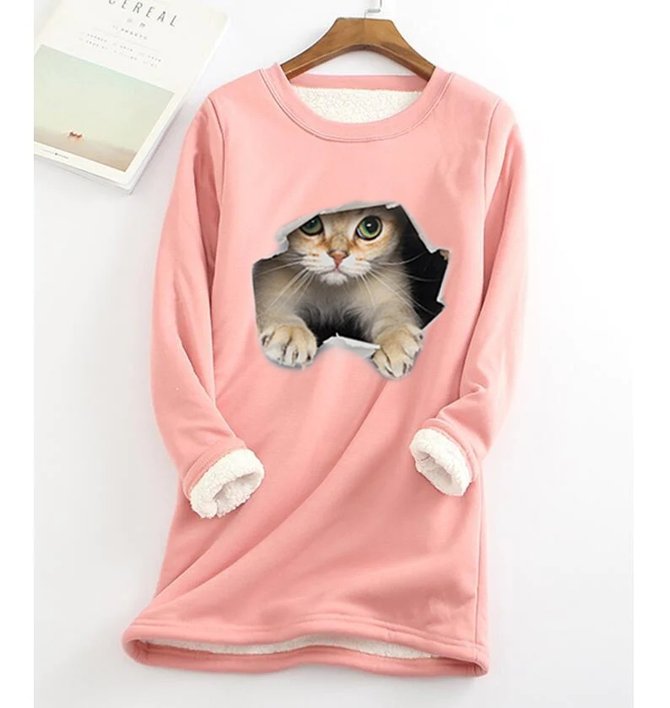 Fun Cat Crew Neck Fleece Thermal Top