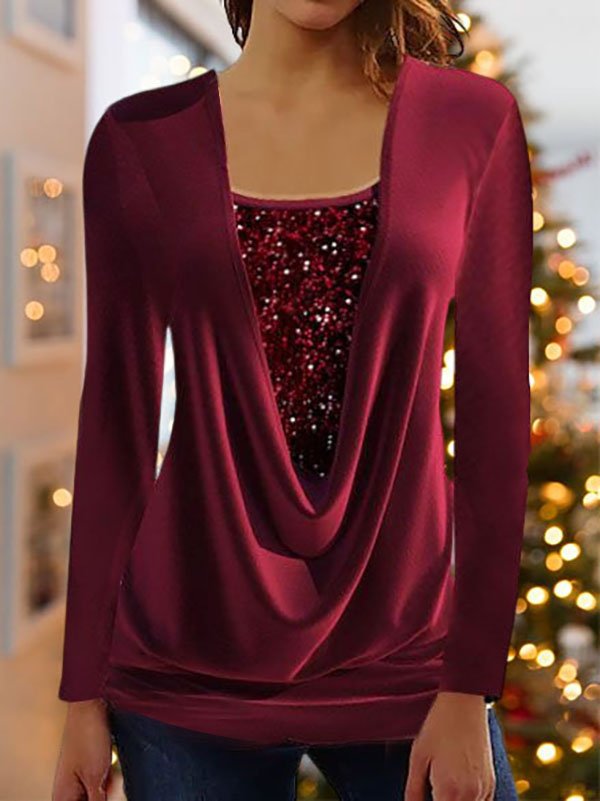 Square Neck Casual Plain Glitter Top