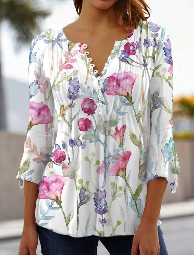 V Neck Floral Flare Sleeve Casual Top