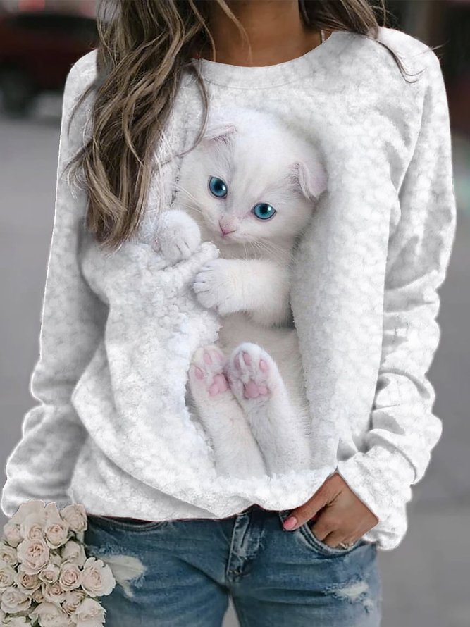 Crew Neck Regular Fit Cat Casual Sweatshirt