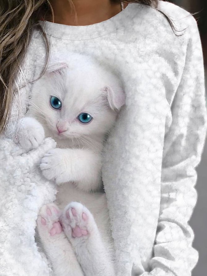 Crew Neck Regular Fit Cat Casual Sweatshirt
