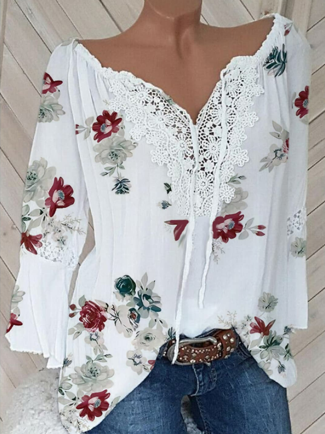Casual V Neck Lace Regular Fit Blouse